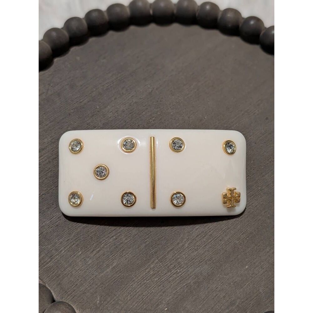 TORY BURCH Kira Domino Studded Logo Cream Barrette Hair Clip - Picture 3 of 3